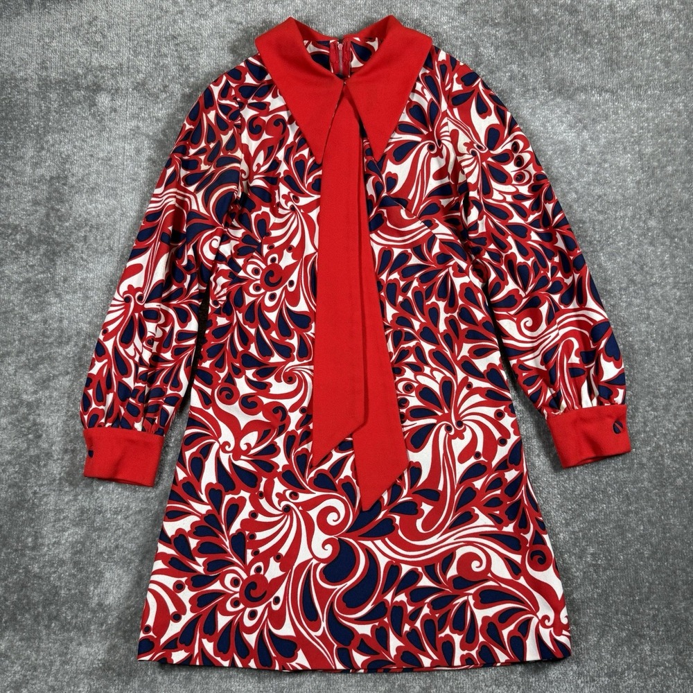 70s Mod Style A Line Shift Dress Handmade Red White Blue Paisley‎ Dagger Collar